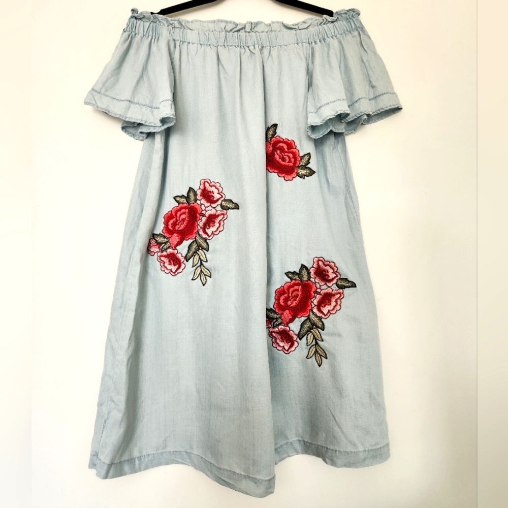 a.n.a Floral Denim Off the Shoulder Dress  Size XS